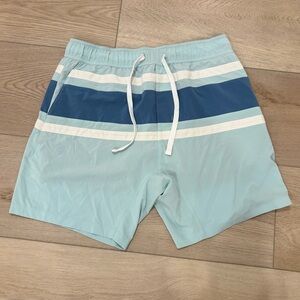 Faherty Lined Light Blue Swim Shorts with Navy Stripe